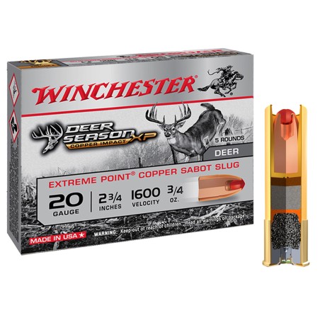 Cartouche de chasse WINCHESTER Deer Season sans plomb - cal.20/70 - boite de 5 - 21.32 g