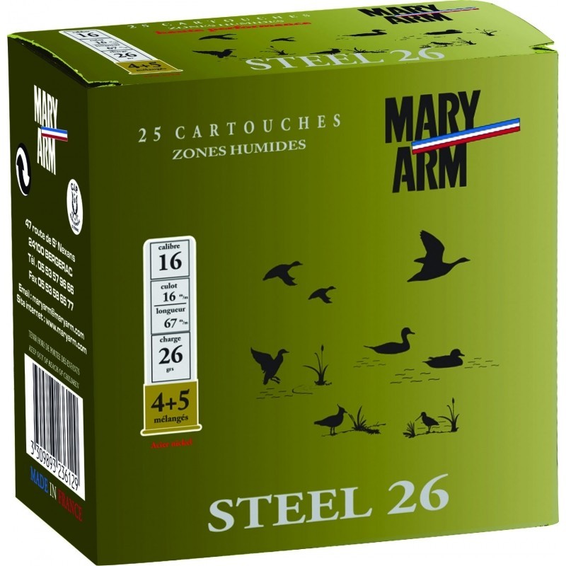 Cartouche de chasse MARY ARM Steel 26 - cal.16-67 mm - boite de 25 - N° de plomb 4+5 - 26 g