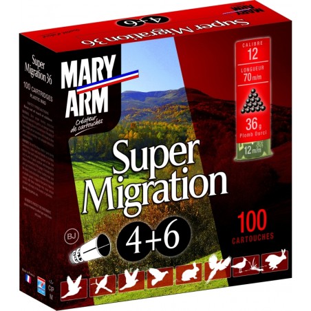 Cartouche de chasse MARY ARM Super migration - cal.12/70 - boite de 100 - N° de plomb 7.5 et 9 - 36 g